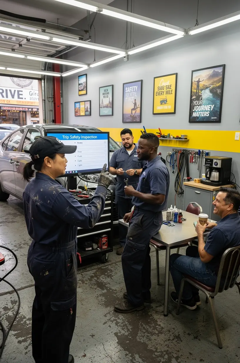 Customer receiving detailed pre-trip inspection report at New York City car repair shop